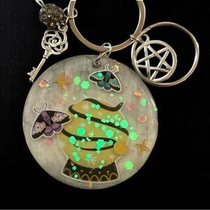 Handmade Wood & Resin Witchy Magic Moths and Charms Keychain